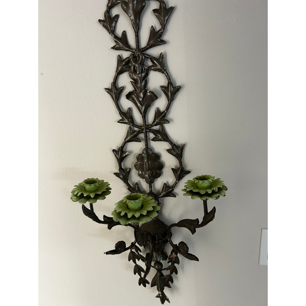 Antique Wrought Iron Wall Sconce Candelabra Green Flower Leaf Ornate Dark - Picture 2 of 5